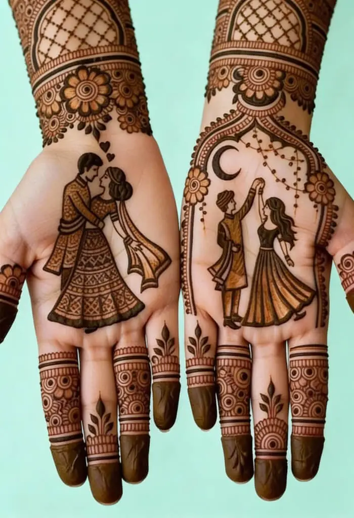 Romantic Bridal Couple Mehndi Design for Wedding Palms
