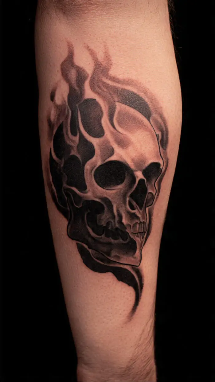 Flaming Skull Tattoo Design – Dark Realistic Black Ink Skull Art