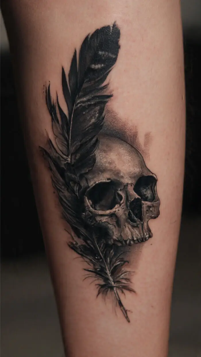 Dark Feather Skull Tattoo – Realistic Gothic Body Art