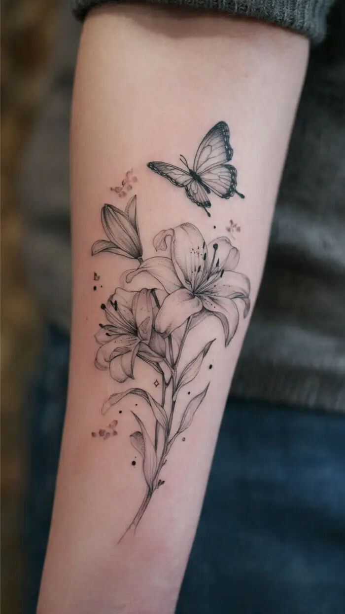 Minimalist Lily & Butterfly Forearm Tattoo Design – Fine Line Floral Art