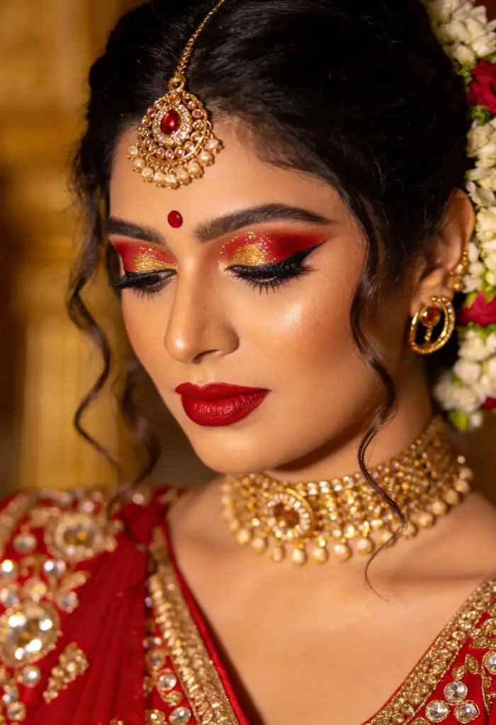 Bold Red & Gold Glitter Indian Bridal Makeup Look with Winged Eyeliner