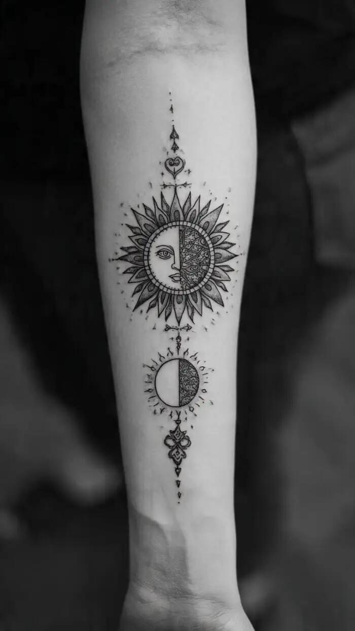 Minimalist Sun & Moon Forearm Tattoo – Celestial Balance Design