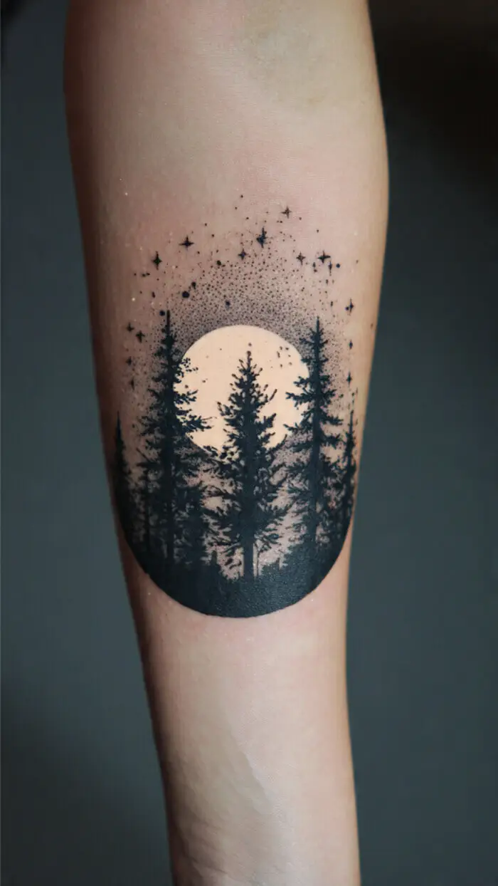Moonlit Pine Forest Tattoo Design | Minimalist Night Nature Ink