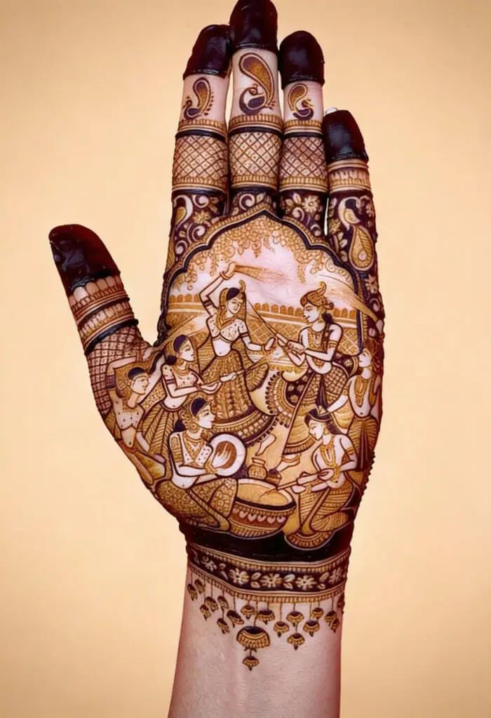 Traditional Rajasthani Bridal Mehndi Design with Wedding Dance Scene