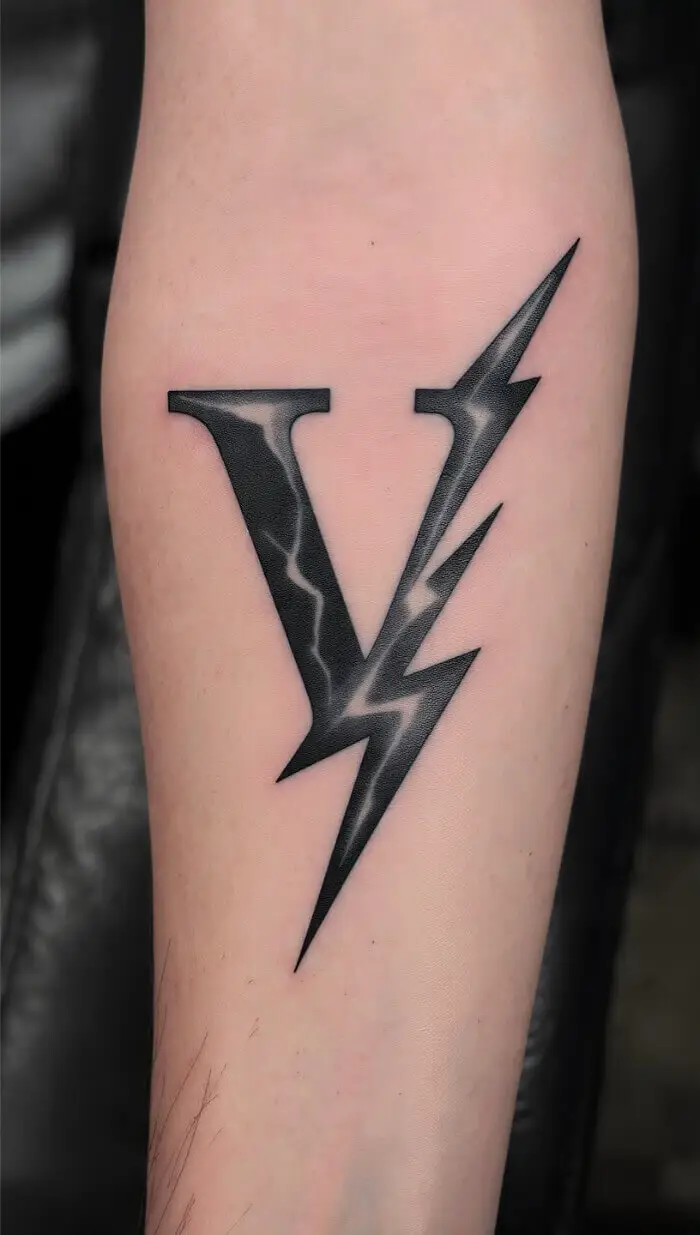 Bold Lightning V Initial Tattoo Design – Minimalist Black Ink Letter Tattoo