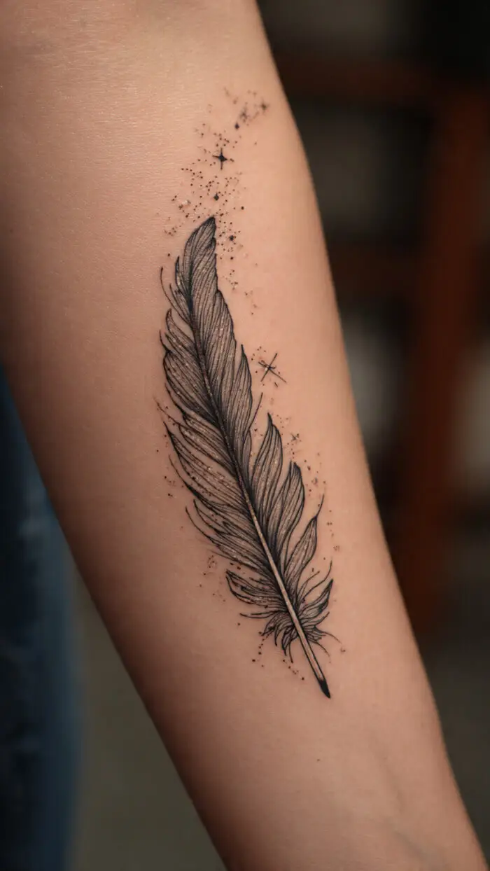 Minimalist Feather Forearm Tattoo with Celestial Dots