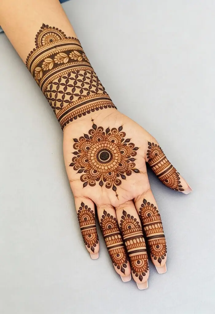 Stunning Mandala Palm Mehndi Designs with Geometric Wrist Pattern