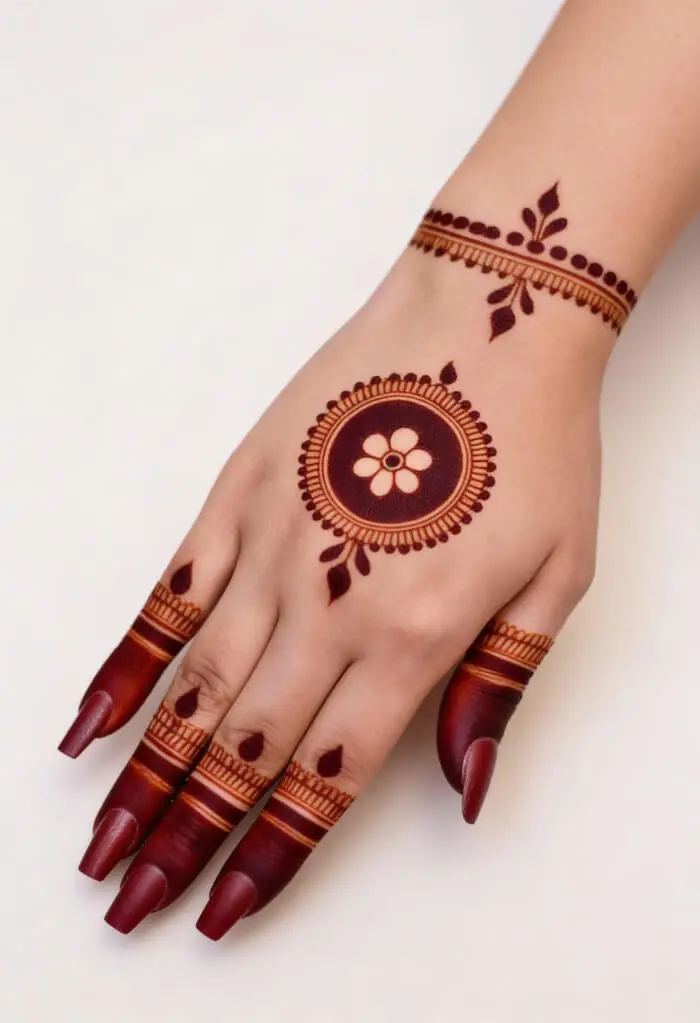 Easy Minimal Circular Floral Back Hand Mehndi Design 
