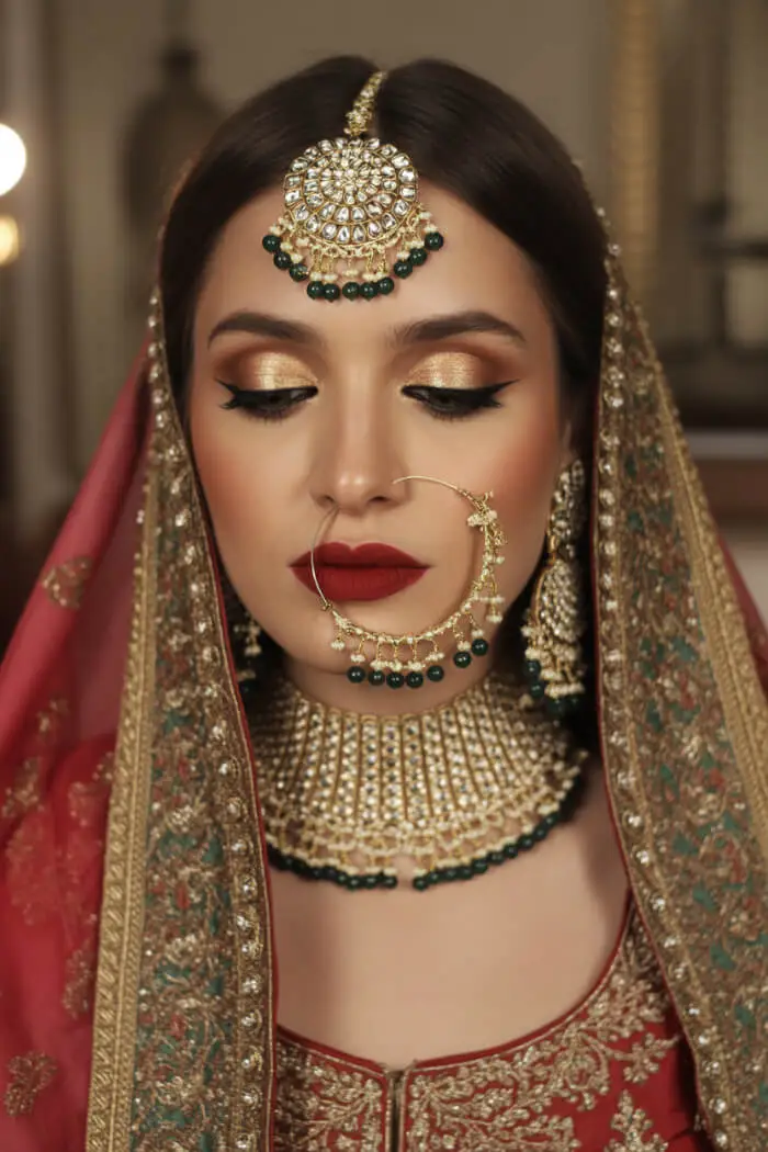 Stunning Indian Golden Bridal Makeup Look with Red Lehenga & Gold Jewelry