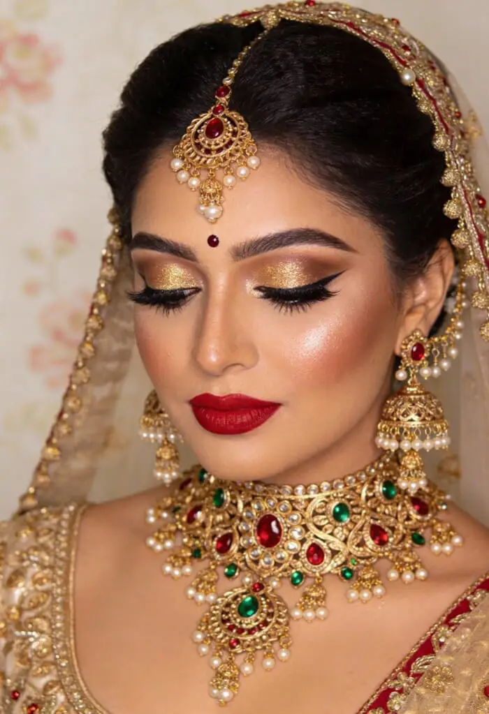 Royal Indian Bridal Makeup Look with Gold Eye Makeup & Traditional Jewelry