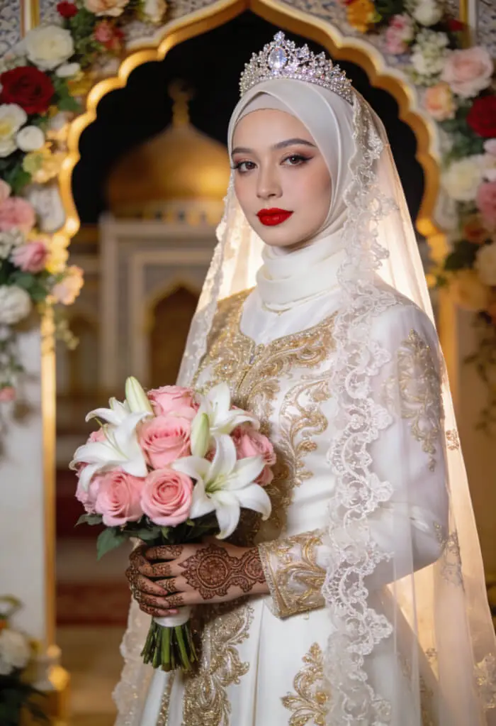 Royal Muslim Bridal Makeup Look with Red Lips & Gold Embellished Hijab