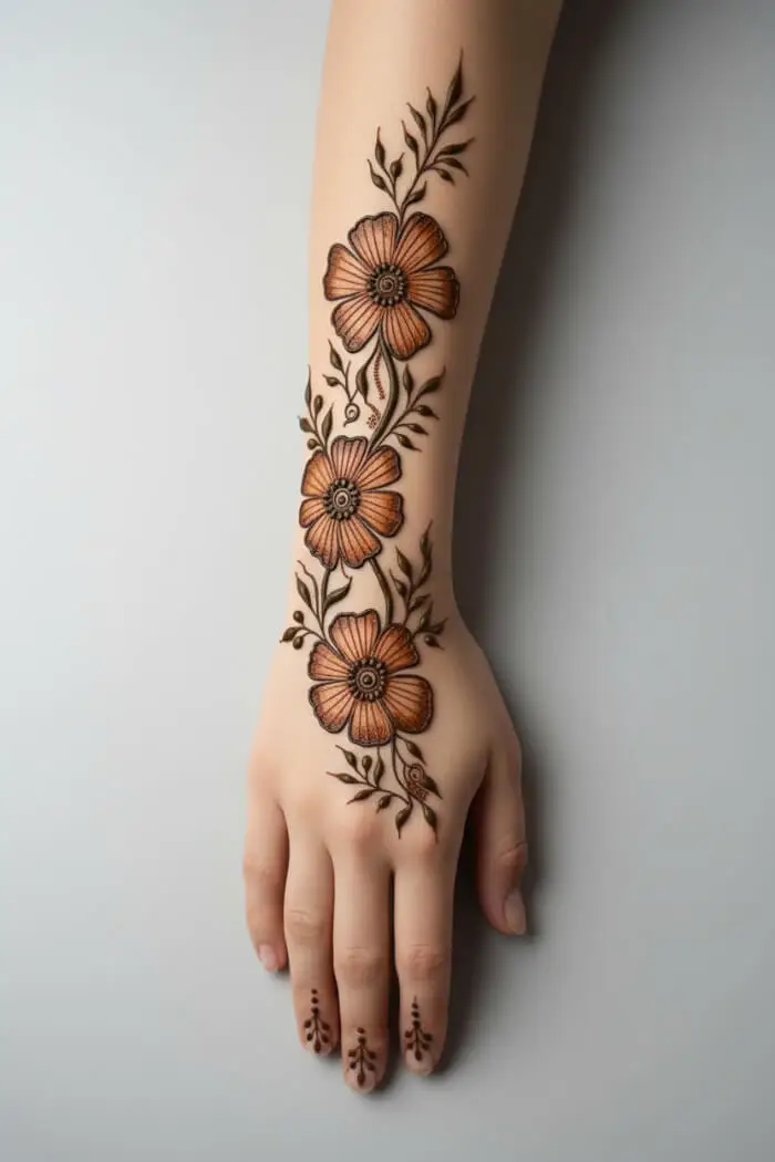 Minimal Shaded Floral Mehndi Design for Hand – Elegant Vine Flower Henna Art