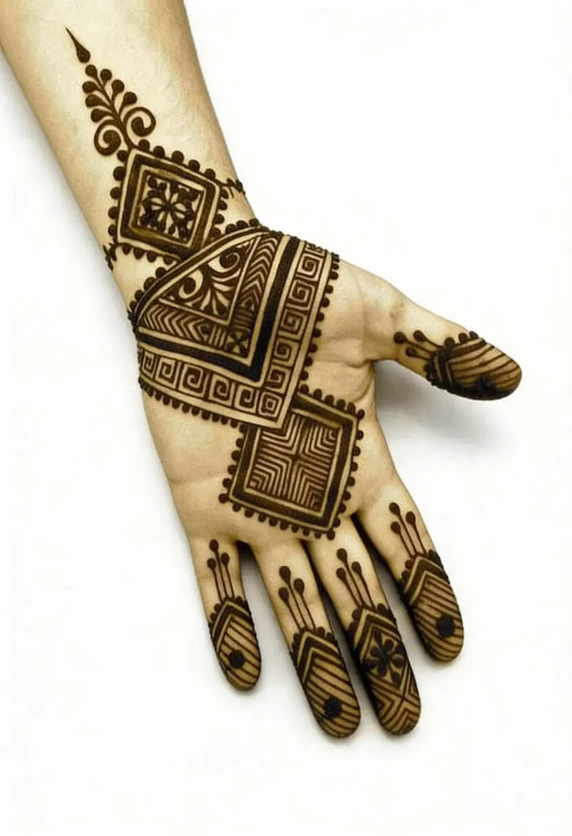 Geometric Square Palm Mehndi Design for Modern Brides