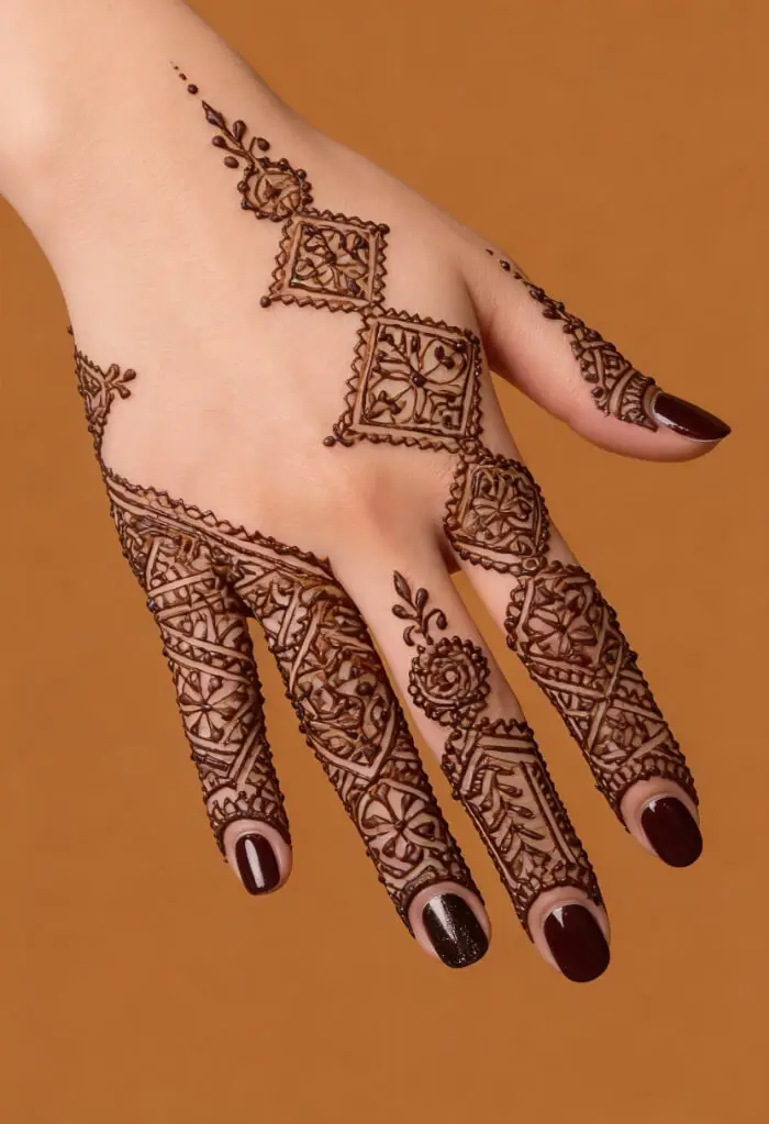 Minimal Square Floral Back Hand Mehndi Design for Brides