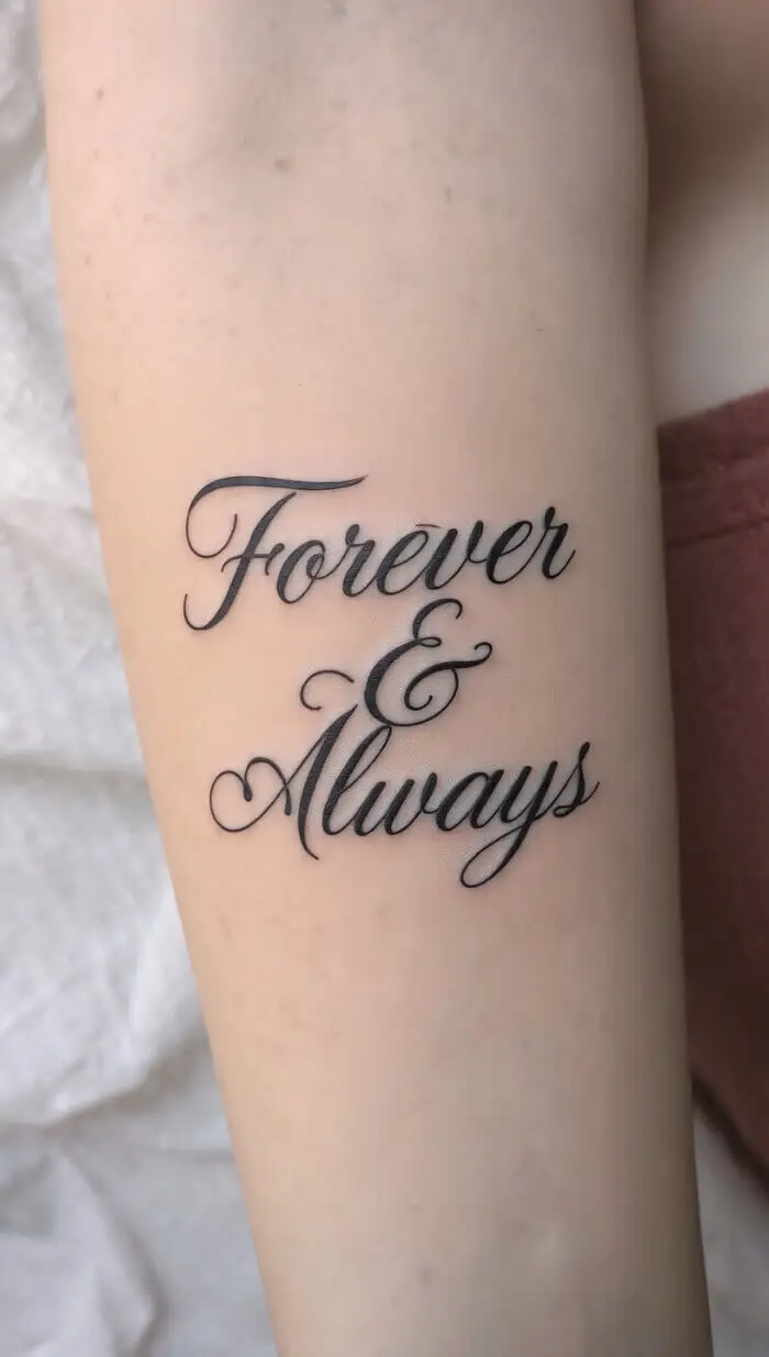 "Forever & Always" Cursive Script Tattoo Design on Forearm