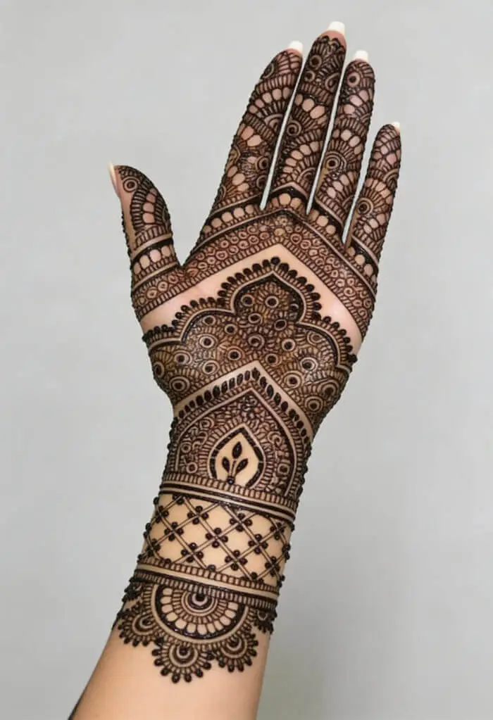 Intricate Geometric & Floral Arabic Full Hand Mehndi Design