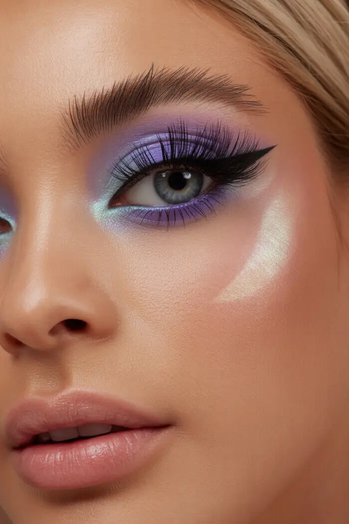 Purple Cut Crease Eye Makeup with Bold Winged Eyeliner & Glowing Skin