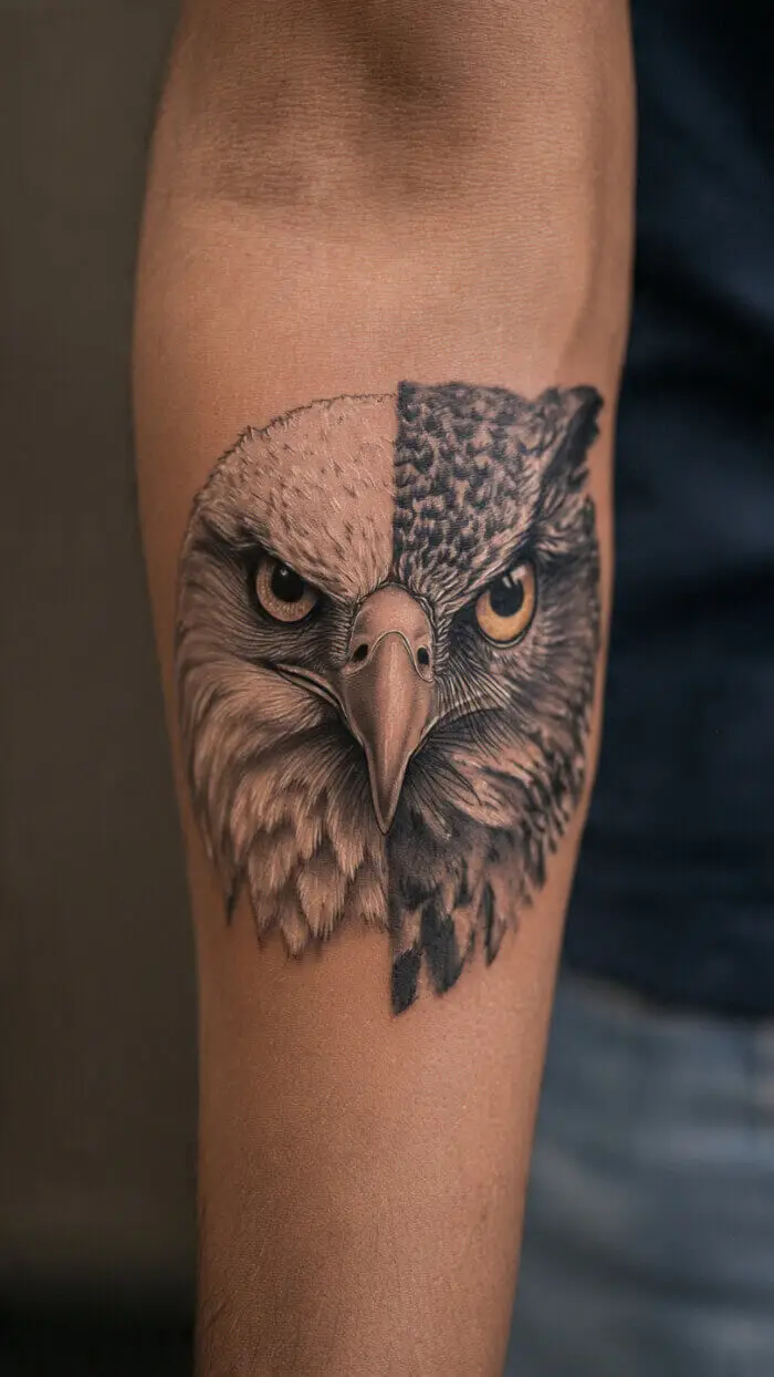Realistic Eagle–Owl Fusion Tattoo Design for Forearm