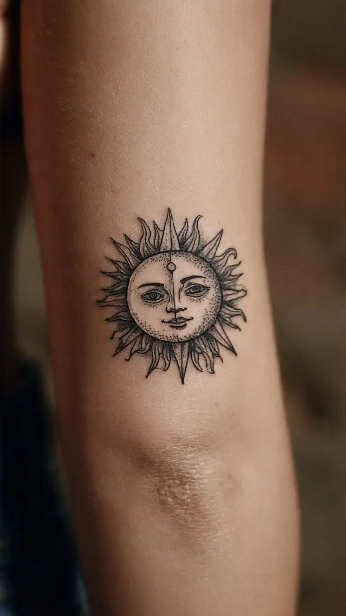 Minimalist Sun Face Tattoo Design – Celestial Line Art Forearm Ink