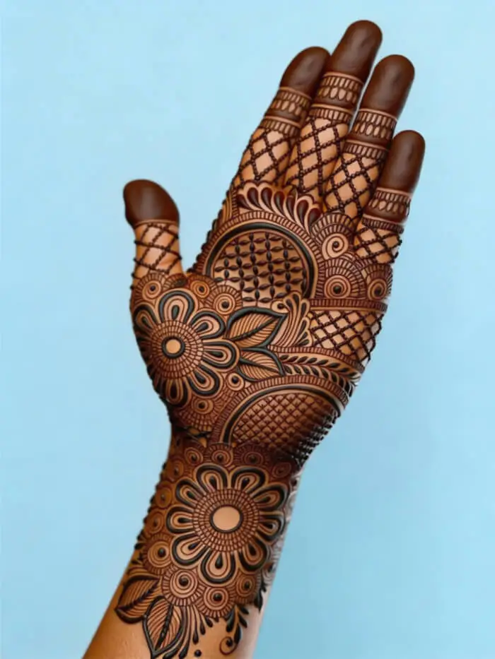 Elegant Floral & Geometric Full Palm Mehndi Design for Brides