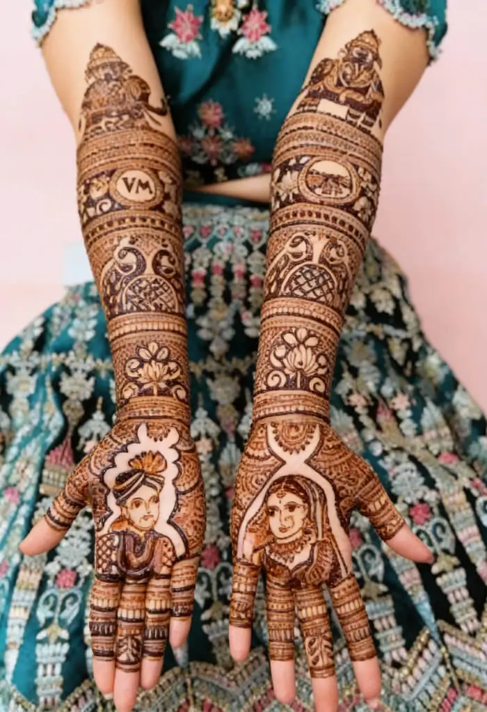Royal Bridal Portrait Mehndi Design for Full Hands with Bride & Groom Motif