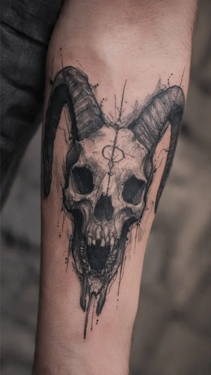 Dark Ram Skull Tattoo with Horns – Gothic Black Ink Arm Tattoo