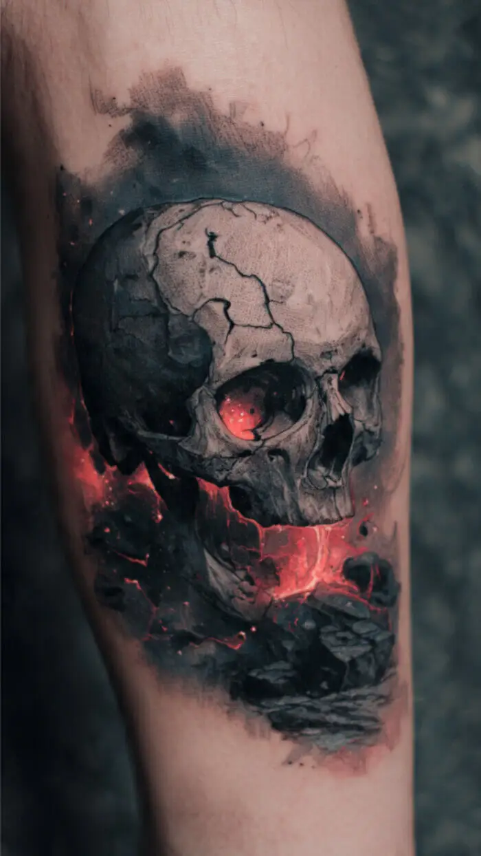 Dark Realistic Skull Tattoo with Glowing Red Cracks