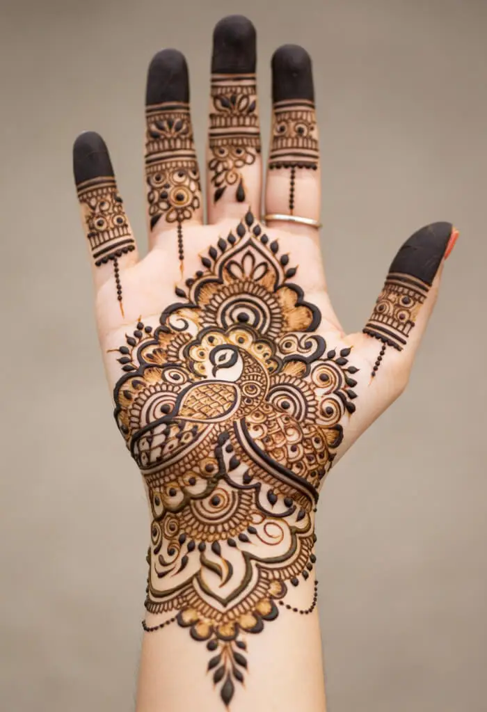 Elegant Peacock Palm Mehndi Design for Brides