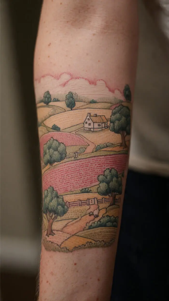 Minimalist Countryside Landscape Tattoo with Farmhouse & Rolling Fields