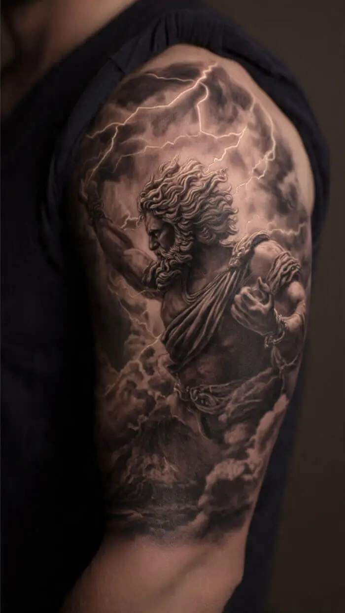 Zeus God of Thunder Realistic Sleeve Tattoo Design