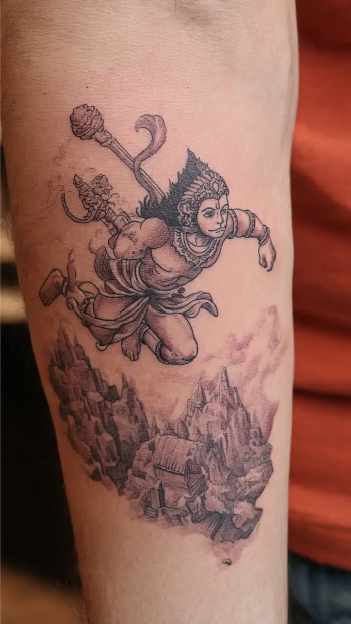 Creative Flying Lord Hanuman Tattoo – Detailed Hindu Mythology Arm Tattoo Design