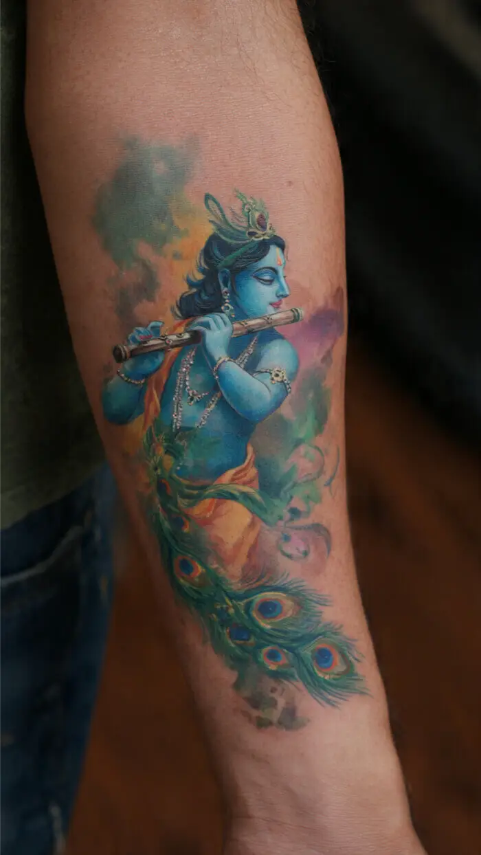 Krishna Flute Tattoo with Peacock Feather – Divine Watercolor Arm Tattoo