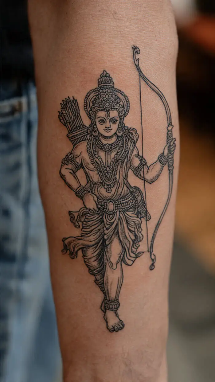 Lord Rama Fine Line Tattoo – Minimalist Hindu God Arm Tattoo Design