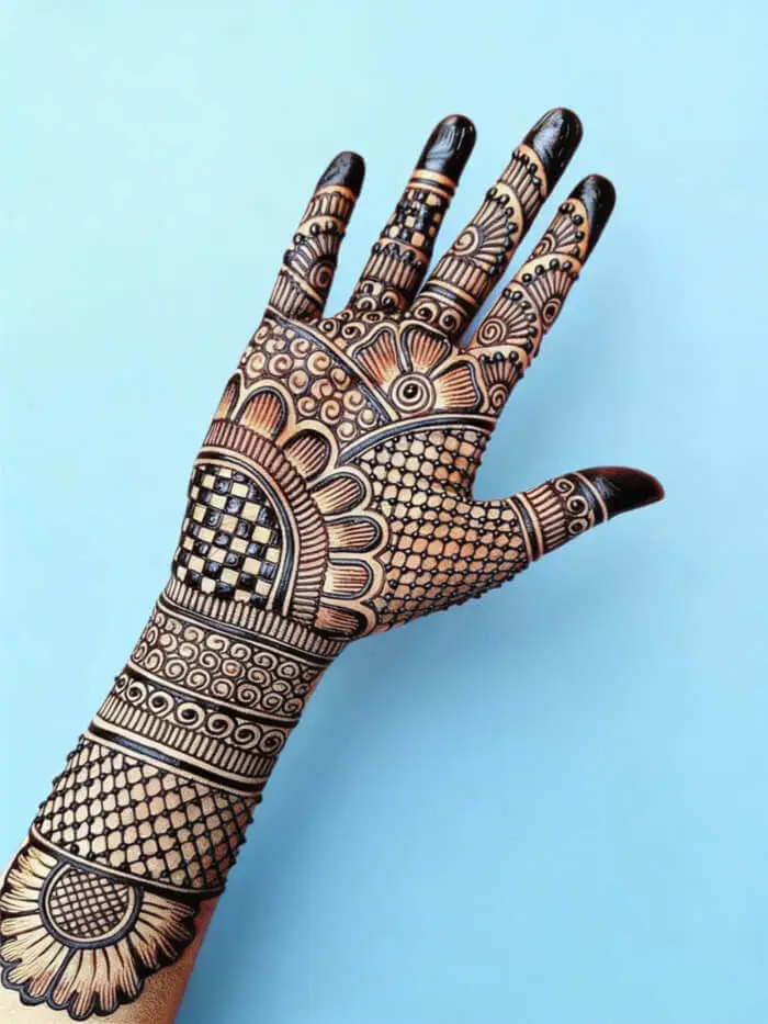 Intricate Full Hand Mehndi Design with Geometric & Floral Patterns