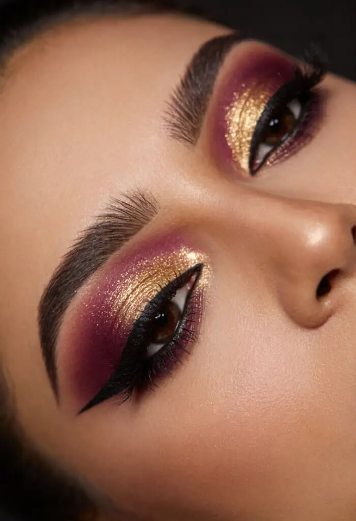 Purple and Gold Glitter Cut Crease Eyes Makeup with Bold Winged Eyeliner