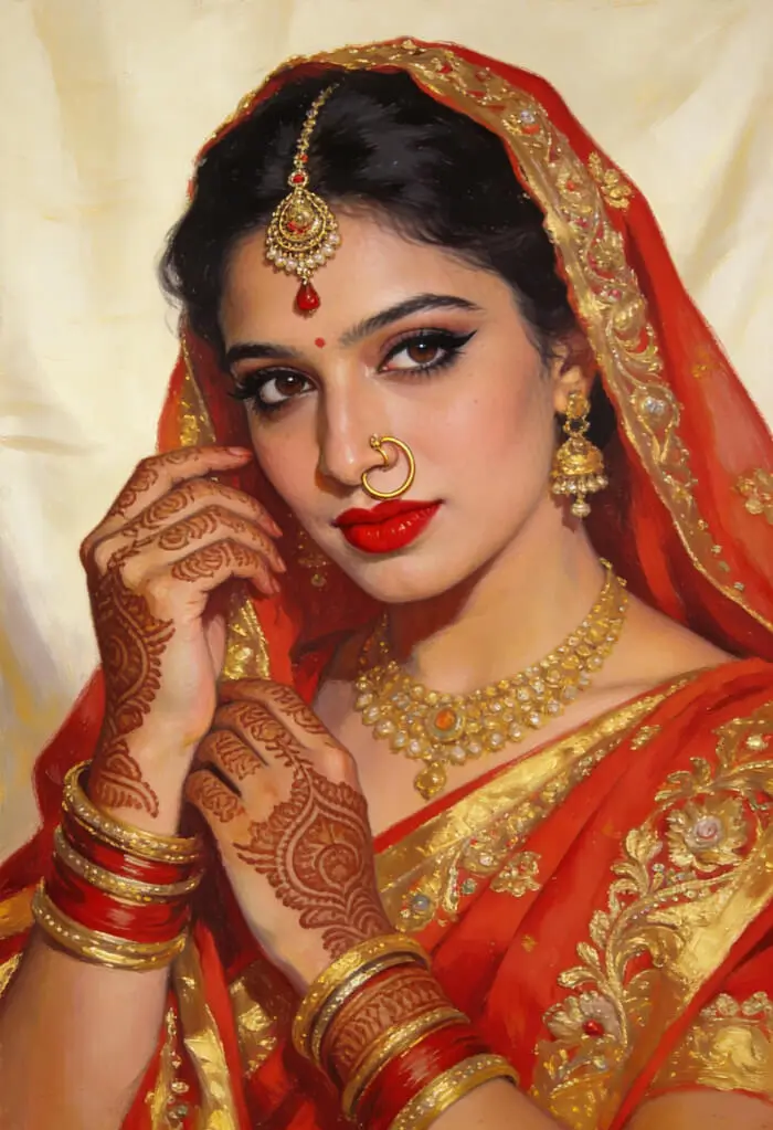 Traditional Red Bridal Makeup Look with Bold Lips & Gold Jewelry