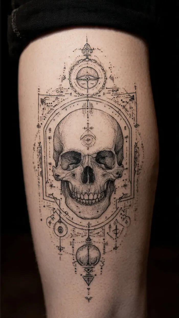 Sacred Geometry Skull Tattoo with Alchemy Symbols