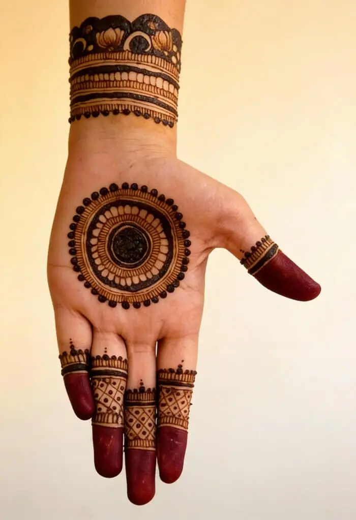 Simple Minimal Mandala Palm Mehndi Design with Finger Details
