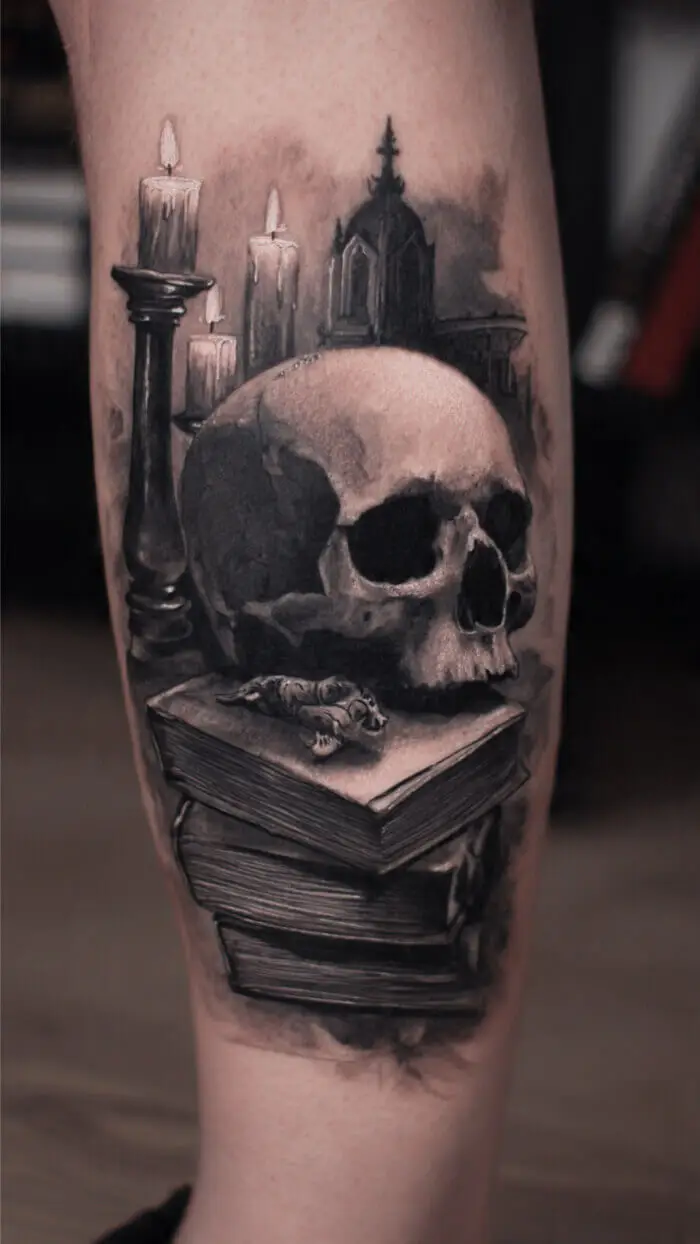 Gothic Skull Tattoo with Books & Candles