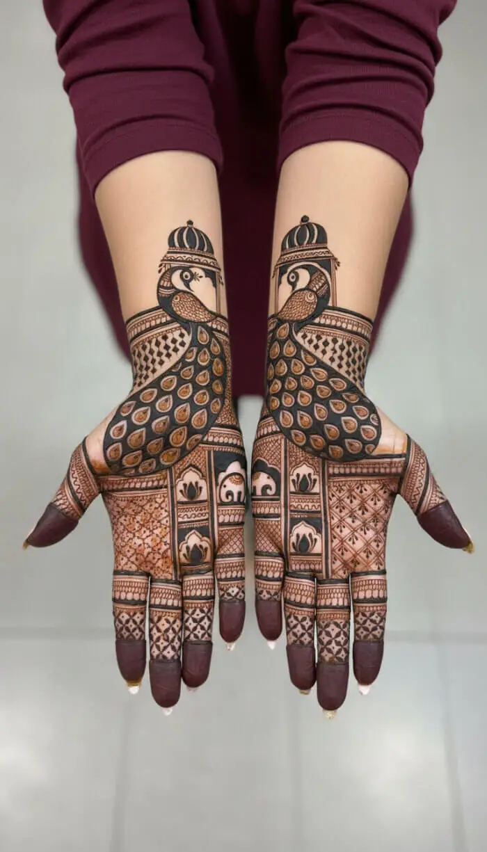 Royal Peacock Bridal Mehndi Design for Full Hands