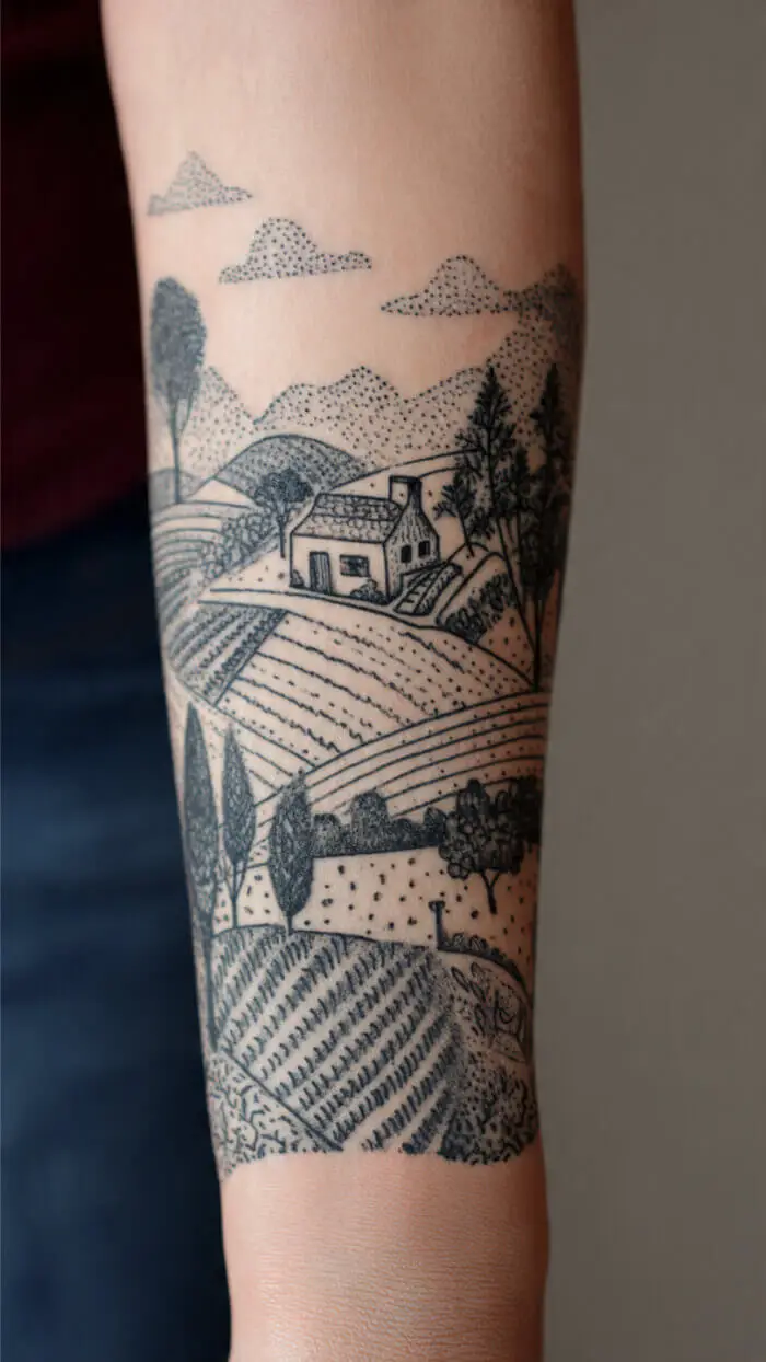 Awesome Countryside Landscape Tattoo with Cottage & Rolling Hills