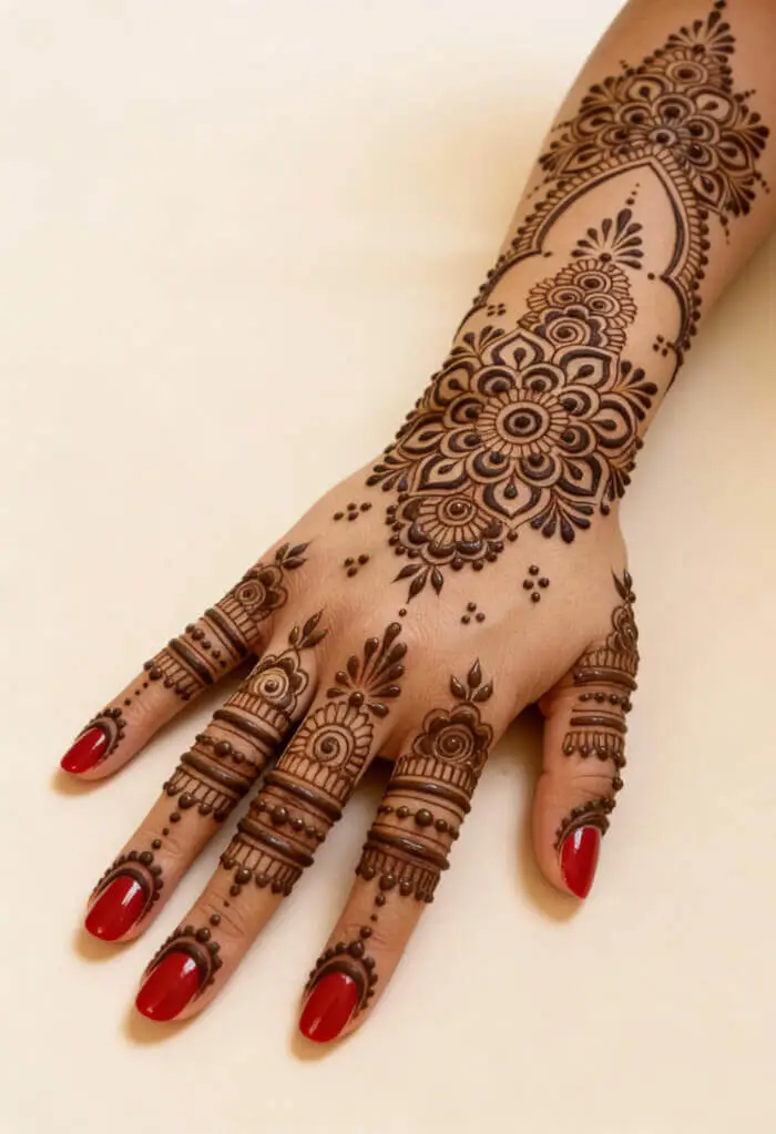 Full Hand Bridal Mehndi Design with Floral Mandala