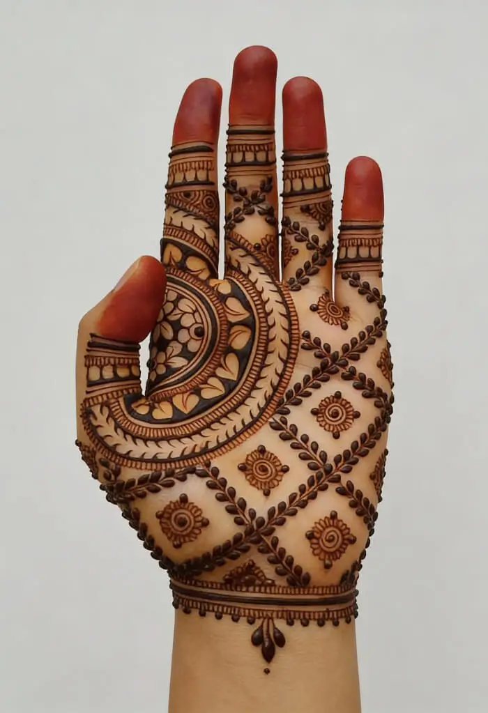 Creative Mandala & Lattice Palm Mehndi Design for Weddings