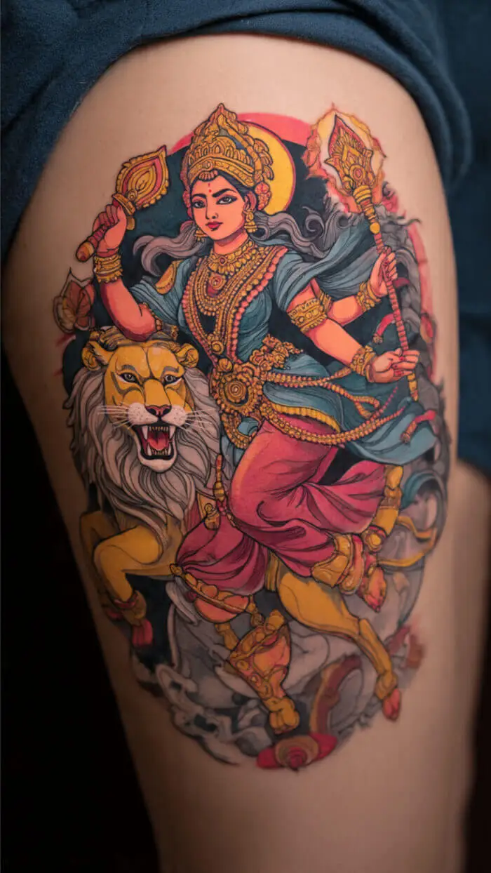 Goddess Durga Tattoo with Lion – Powerful Hindu Mythology Art