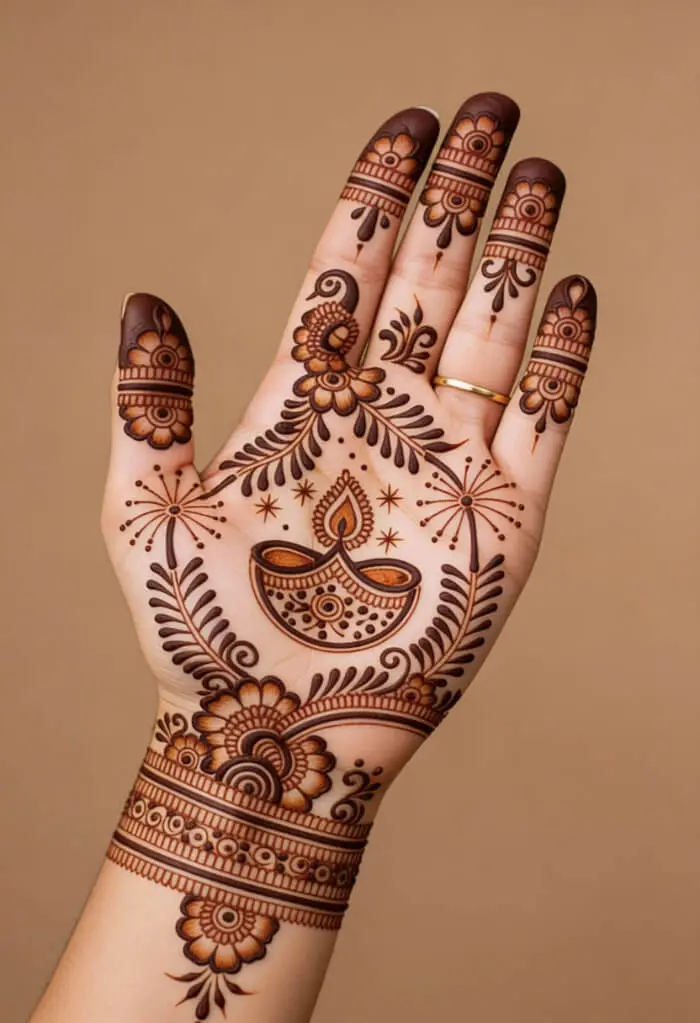 Elegant Diya Mehndi Design for Palm – Traditional Indian Festival Henna Art