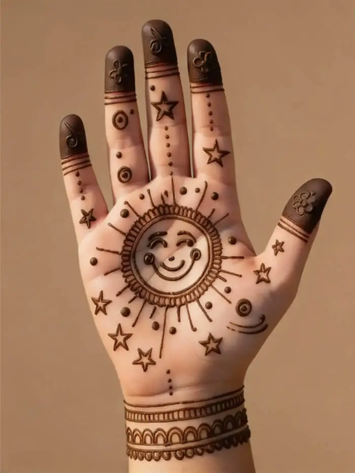 Smiling Sun Palm Mehndi Design with Stars | Minimal & Cute Henna Art