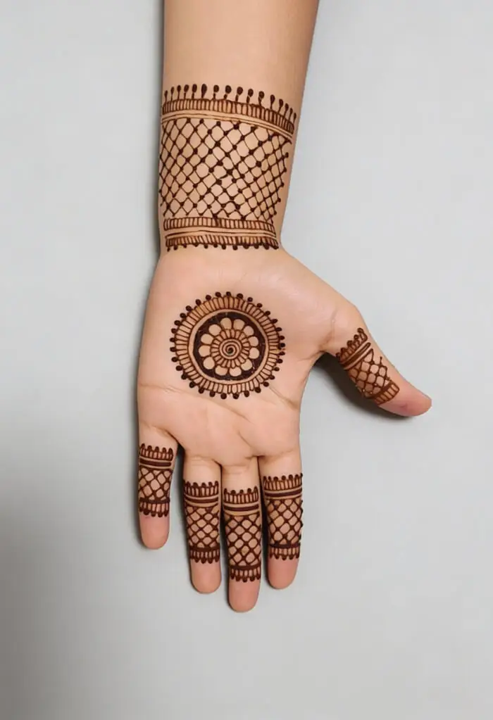 Minimal Mandala Palm Mehndi Design with Net Pattern Fingers