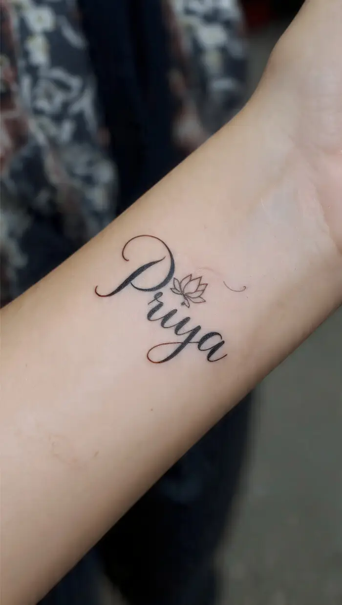 Elegant "Priya" Name Tattoo with Lotus | Minimalist Wrist Name Tattoo Design