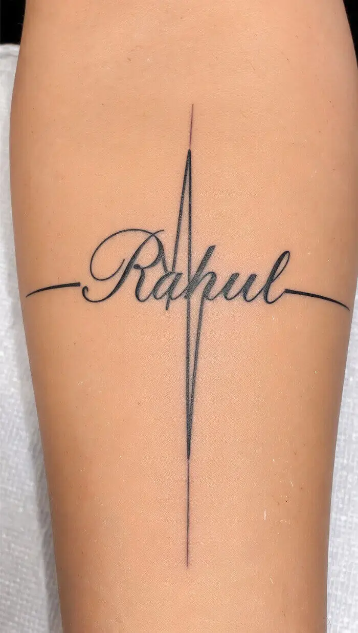 "Rahul" Name Tattoo with Heartbeat Line | Minimalist Script Name Tattoo Design