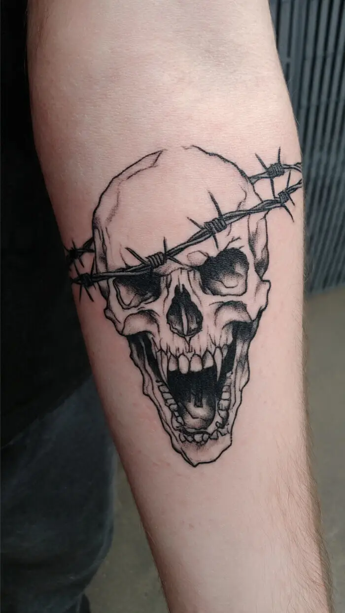 Barbed Wire Skull Tattoo Design – Dark Gothic Skull Forearm Tattoo Art